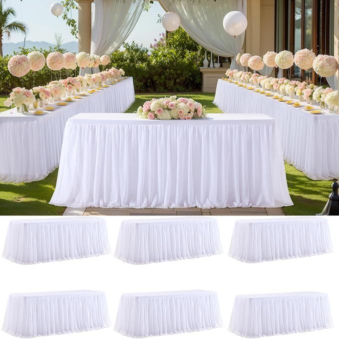 6 Pack White Tulle Tablecloth Table Skirt for 6 Foot Rectangle Tables, Wedding Table Cloths Ruffle Tutu Table Skirt Stretch Fitted Table Covers for Parties Birthdays Baby Shower Celebration Banquet