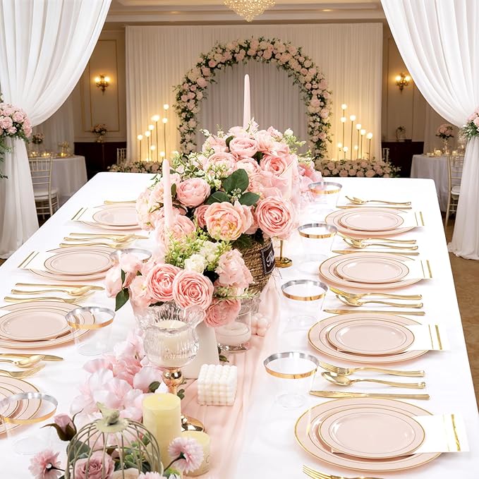 GATHER 350PCS Pink Plastic Plates - Disposable Plastic Dinnerware Set Include 100 Pink Plates, 150 Silverware, 50 Napkins, 50 Cups for Party & Wedding & Baby Shower & Mother‘s Day