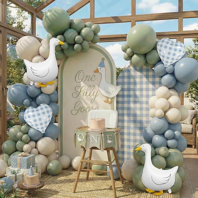 One Silly Goose Balloon Arch Kit – Sage Green Dusty Blue Balloon Garland with Goose gingham heart balloons, Vintage Goose Baby Shower Decorations, Boy or Girl Birthday Party Decor (146PCS)