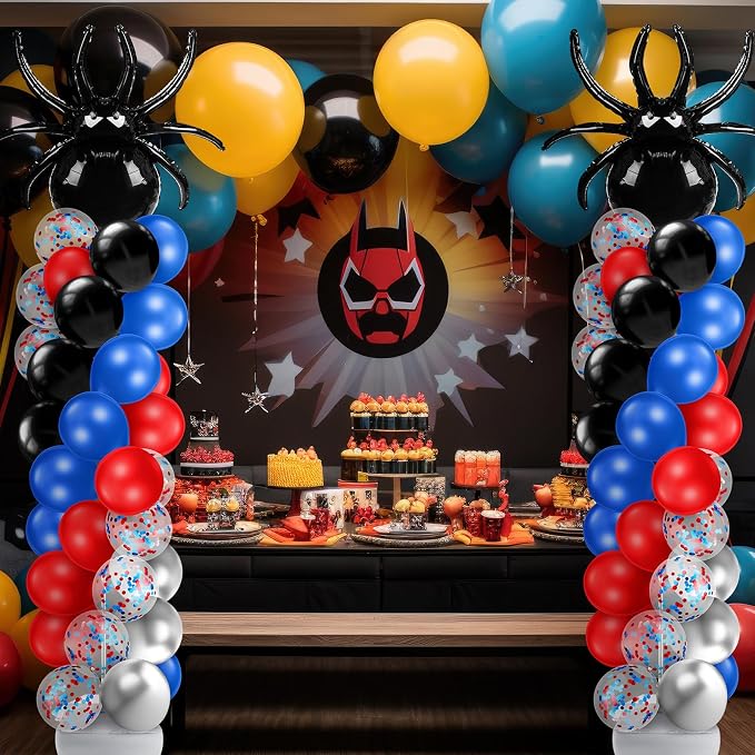Kasyat 2 Sets Spider Party Balloon Column Stand Kit with 2 Spider and 100 Red Blue Black Latex Balloons, Adjustable Arch Stands for Birthday Baby Shower Hero Theme Party Decorations
