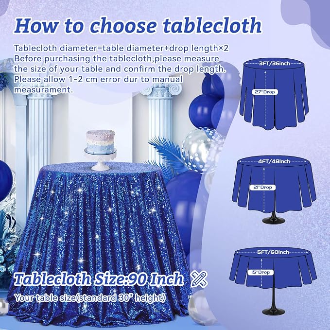 B-COOL Round Sequin Tablecloth Sparkle Party Decorations: 90 Inch Table Cloth Royal Blue Sequin Fabric Overlay for Indoor Outdoor Dining Parties Home