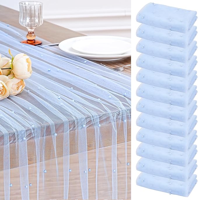 LuoluoHouse Pearl Table Runner Wedding Centerpieces: 12pcs 10ft Pearl Table Decor Tulle Chiffon Fabric for Wedding Decor Birthday Party Dining Table Cover (29x120 Inch,Baby Blue)