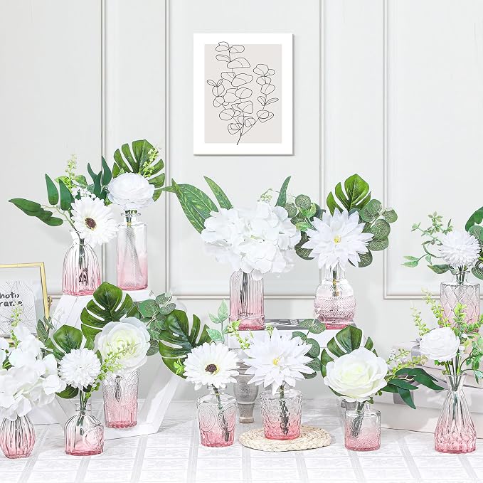 FoldTier 108 Pcs Artificial Flowers in Vase 96 Pcs Faux Greenery Stem Table Centerpiece Fake Plants Silk Roses Arrangement 12 Pcs Glass Vase Sets for Wedding Bathroom Home Dining Decor(White Pink)