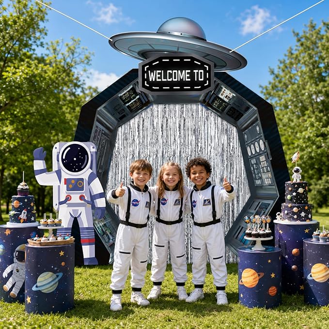Space Birthday Party Hanging Banner Backdrop Astronaut Planet Door Covers Outer Space Silver Foil Fringe Backdrop Decorations for Wall Table Entryway Room Classroom Supplies