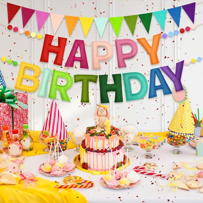 Pre-Strung Happy Birthday Banner - Rainbow Birthday Decorations, 3PCS Felt Birthday Day Sign,Ball Garland,Triangle Bunting,Reusable Colorful Banner for Party Decor Girls Boys Kids Women Men
