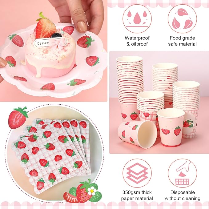 Yungyan 216 Pcs 72 Guests Strawberry Plates and Napkins Berry First Birthday Decorations 6" Gingham Strawberry Dessert Plates 9 oz Cups Tableware Set for Baby Shower Picnic Birthday Party Supplies