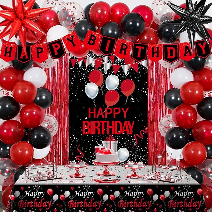Red and Black Birthday Decorations for Men Women, Red Party Decorations for Boys Girls Happy Birthday Decorations Door Banner, Tablecloth Foil Backdrop Star Balloons for Men Bday Party Supplies