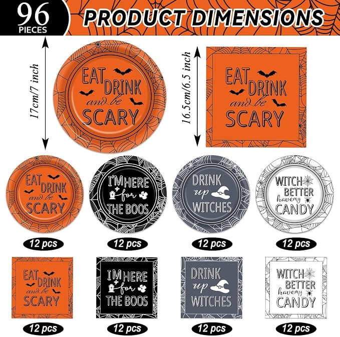 96 Pcs Halloween Party Decorations Halloween Paper Plates and Napkins Halloween Party Supplies Drink up Witches Hat Little Scary Spiderweb Boo Tableware Set for Halloween Disposable Decorations