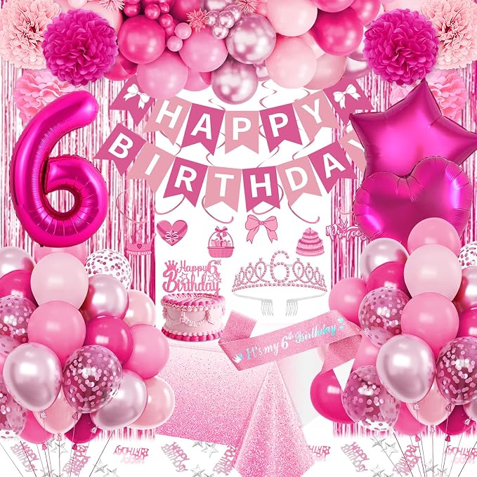 6th Birthday Decorations for Girls, Pink Party Decorations with Number 6 Balloon Happy Birthday Banner Bday Sash Crown Tablecloth Fringe Curtain Hanging Swirl for 6 Year Old Girl Bday Decor