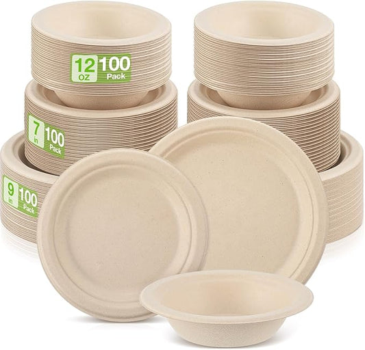 Havawish 300 Pcs Compostable Paper Plates and Bowls Set 7 Inch 9 Inch Disposable Plate 12oz Biodegradable Bowls for 100 Guests Party Dinner Party Supplies Bulk