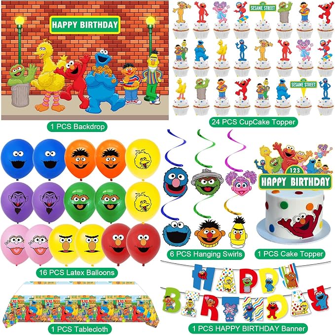 Sesame Friends Street Birthday Party Supplies, Party Decorations Set Include Banner, Backdrop, Balloons, Hanging Swirls, Cake Cupcake Toppers, Tablecloth for Boys Girls Sesame Theme Party