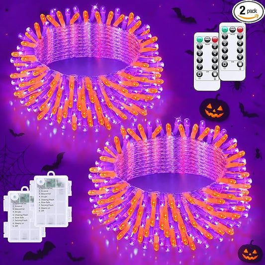 YEGUO Battery Operated Halloween Lights, 2 Pack Each 33ft 100 LED Orange and Purple String Lights Outdoor Waterproof, 8 Modes Clear Wire Christmas Twinkle Lights Indoor with Remote