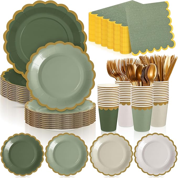 Mimorou 338 Pcs Sage Green Plates and Napkins Party Supplies for Guests Sage Green Tableware Include Scalloped Plates Paper Napkin Cup Spoon Fork Knife for Baby Shower, Wedding, Birthday