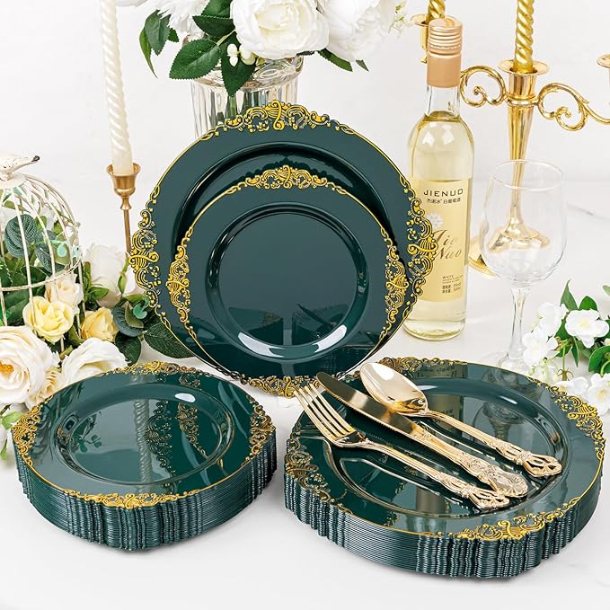 102PCS Green Plastic Plates - Green and Gold Plates - Fancy Heavy Duty Disposable Plate - Heavyweight Dinner & Dessert Plate for 51 Guests for Spring Party & Wedding