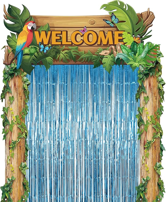 Peryiter 5 Pcs Rainforest Jungle Party Decorations Set - Welcome Arch, Tree Trunk Banners, Tinsel Curtains, Double-sided Tape for Tropical Theme Birthday, Photo Booth & Event Backdrop