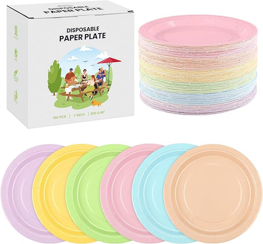 Kochorie 150 Pieces Pastel Paper Plates 7 Inch Bulk Disposable Solid Color Dinner Plates Heavy Duty Round Dessert Supplies for Birthday Wedding Holiday Bridal Shower Party Supplies