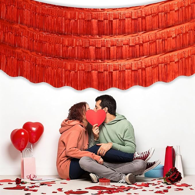 LOLStar Red Foil Fringe Tinsel Garland, Tinsel Streamers Banner, 6 Pack | 60Ft Tinsel Streamers, Shiny Red Wall Hanging Tinsel Fringe Banners for Valentines Day, Parade Float, Christmas Party Decor