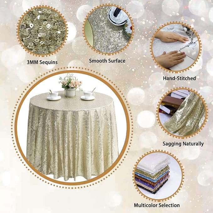 132 Inch Round Champagne Sequin Tablecloth, Metallic Large Glitter Sparkle Table Cloth for Dining Banquet Table, Sequin Table Linen for Wedding Bridal Shower Party Decorations