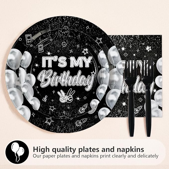 96pcs Bruh It's My Birthday Decorations Black and White Birthday Plates and Napkins for Teen Boys Black and Silver Birthdays Graduation 2026 Party Decorations