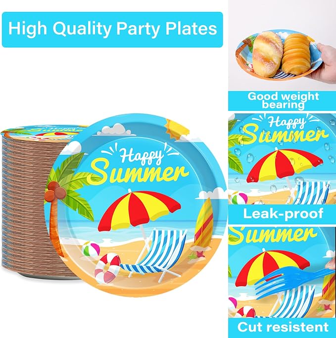 50 Guests Beach Plates and Napkins Party Supplies Summer Birthday Party Decorations Disposable Tableware Set Beach Dinnerware Favor for Kids, 200PCS