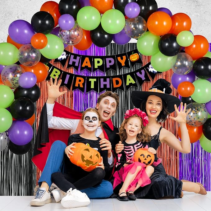 Halloween Birthday Party Decorations, 102 Pcs Halloween Happy Birthday Banner, Confetti Pumpkin Cat Bat Balloon Arch Foil Fringe Curtain and Tablecloth for Kids Party Supplies