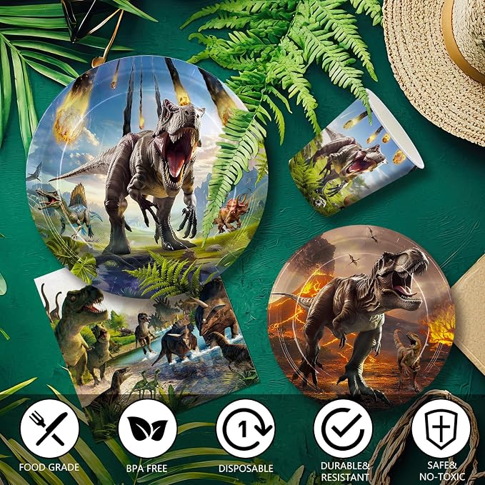 207pcs Dinosaur Party Decorations Plates Napkins Dino World Birthday Supplies Tableware Set Include Plates, Napkins, Cups, Cutlery, Balloon, Banner, Hanging Swirl, Tablecloth for Party Decor Serve 24