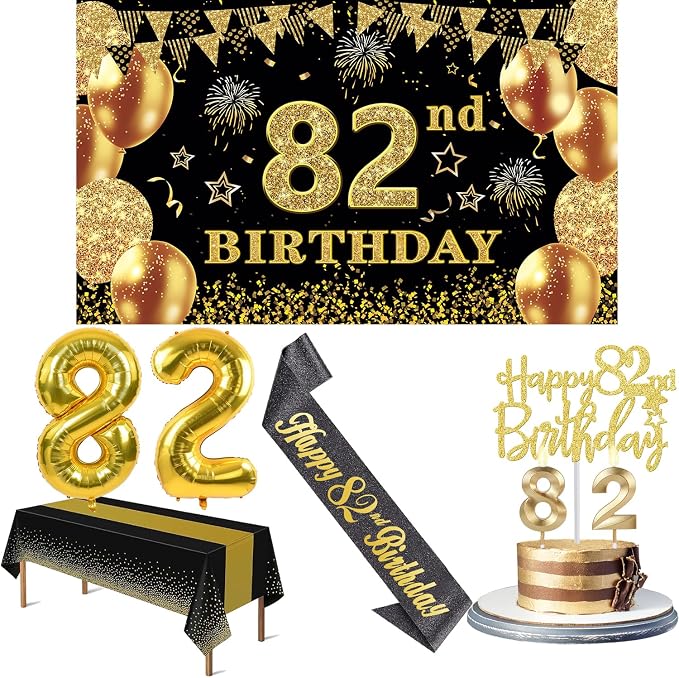 82nd Birthday Decorations Men Women with Banner, Black and Gold Table Cloth, Number Balloons, Sash, Cake Topper and Candles