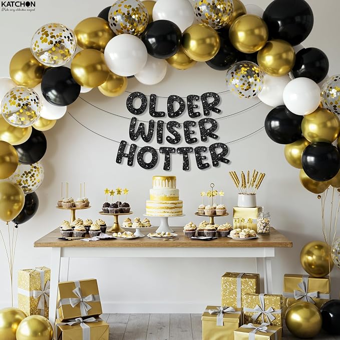 KatchOn, Older Wiser Hotter Birthday Decorations – Pack Of 51 | Black Happy Birthday Decoration Banner, Balloon Arch kit | Birthday Decorations for Men, Women | 60th 70th 50th Birthday Banner Backdrop