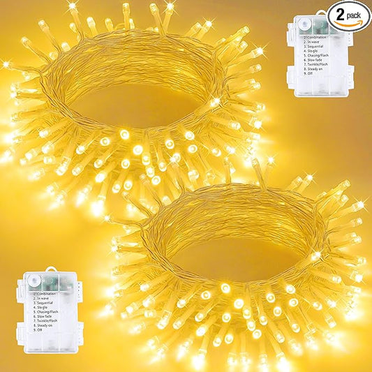 2 Pack String Lights Battery Operated with Timer, 33FT 100 LED Waterproof Battery Twinkle Lights, 8 Modes Fairy Light for Indoor & Outdoor Party Bedroom Porch Tree Christmas Decorations (Warm White)
