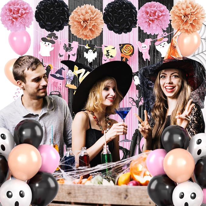 Pink Halloween Party Decorations Set,Include HAPPY HALLOWEEN Banner,Foil Balloons,Cute Hanging Swirl,Fringe Curtain,Paper Pompoms Indoor Outdoor Halloween Party Supplies