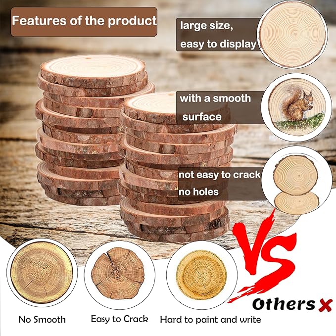 Wood Slice Ornaments 54 Pcs 2.4-2.8 Inches,Unfinished Natural Wood Cookies,Predrilled with Hole Wood Slices for Crafts,Christmas Ornaments Wedding Decorations etc. ﻿