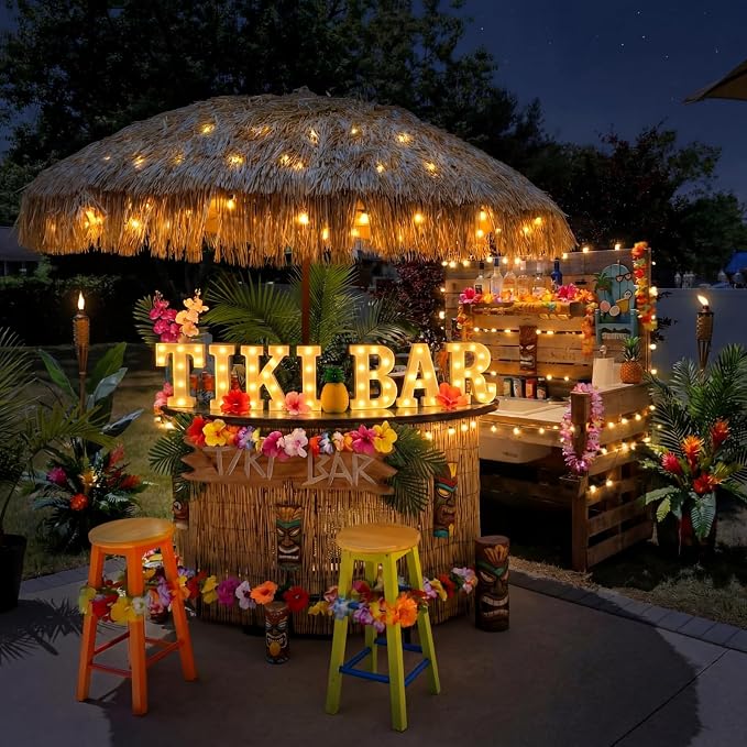 Honoson 7 Pcs Hawaiian Luau Tiki Party Decoration Tiki Bar LED Light Sign Hawaii Summer Tropical Table Lights up Sign for Summer Pool Beach Hawaiian Themed Party Supplies