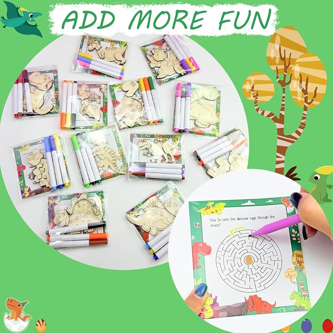 12 Pack Dinosaur Party Favors, Wooden Painting Kit Art and Crafts for Kids Dino Painting Toys Birthday Party Return Gifts Goodie Bag Filler Pinata Stuffer Classroom Prizes Wood Keychain Paintable Kit