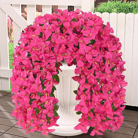 Livole 2Pcs Bougainvillea Artificial Flowers for Outdoors, Realistic UV Resistant Faux Outdoor Plants Flowers, Silk Hanging Fake Flowers for Outside Home Porch Patio Balcony Garden Decor Rose Red