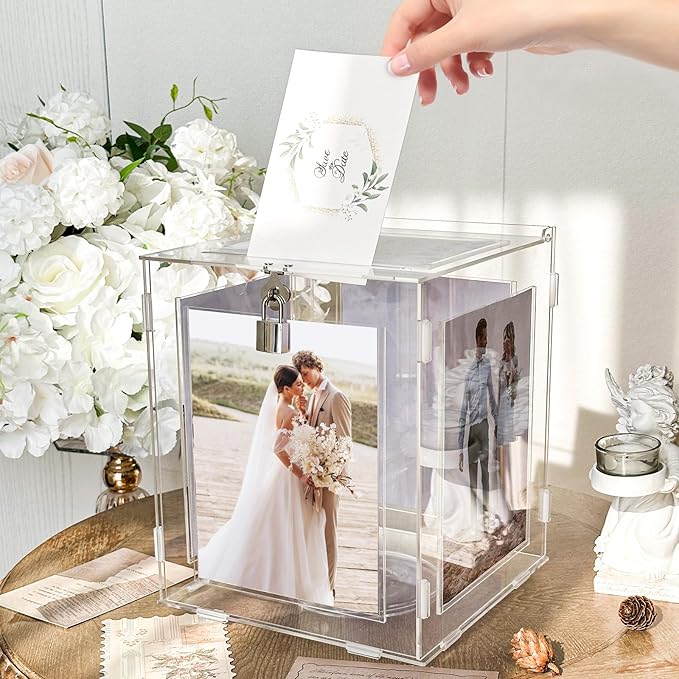 Acrylic Wedding Card Box with Picture Frame, Clear Gift Card Box for Wedding Reception, Large Rotatable Money Envelope Card Box Holder with Lock for Graduation Party Birthday Baby Shower