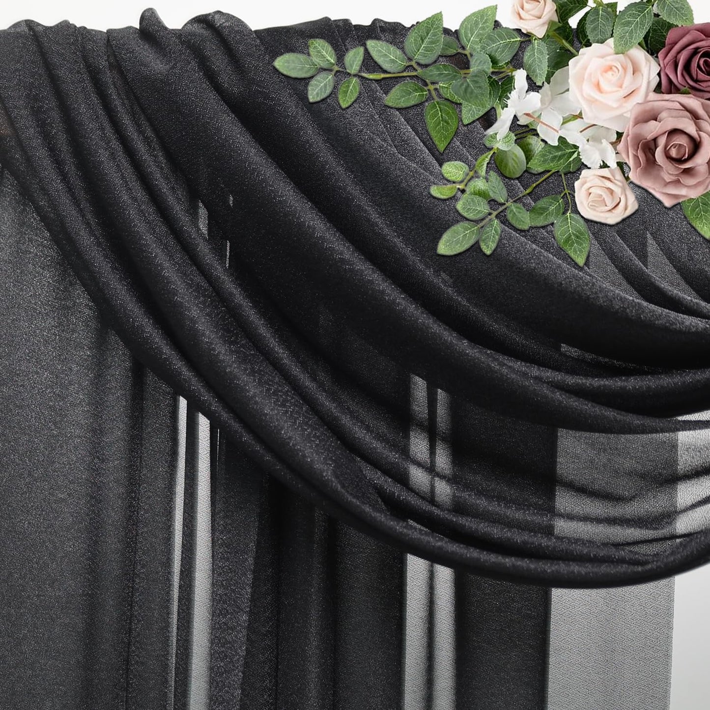 Wedding Arch Draping Fabric 4 Panels 28.7" x 20FT Black Sheer Chiffon Backdrop Drapes for Wedding Ceremony Birthday Party Bridal Shower Outdoor Decoration