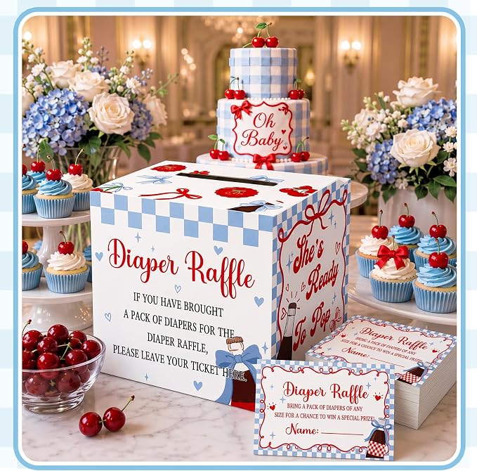 Teling 51 Pieces Diaper Raffle Tickets with Card Box Baby Shower Decorations Baby Shower Holder Box for Girl Boy Diaper Raffle Party(She's Ready to Pop, blue)