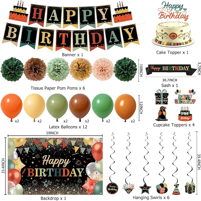 DARUNAXY Colorful Birthday Party Decorations Set | Happy Birthday Banner & Sash, Balloons Pom Poms Cake Topper Decor, Birthday Gifts Party Supplies for Men Women Boys Girls