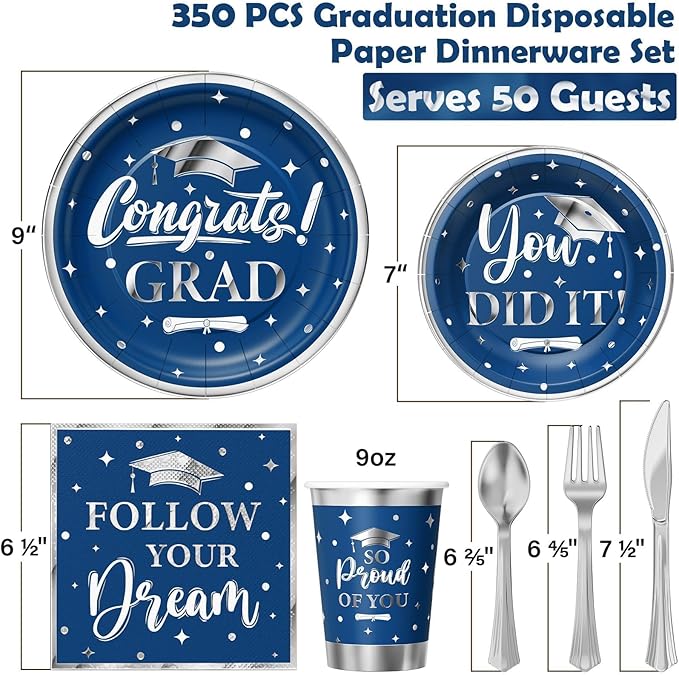 Ecomore Graduation Decoration Class of 2026, 350PCS Graduation Party Supplies for College High School Disposable Dinnerware(Serve 50) with Paper Plates Cup Napkin Fork Knife Spoon (Navy Blue & Silver)