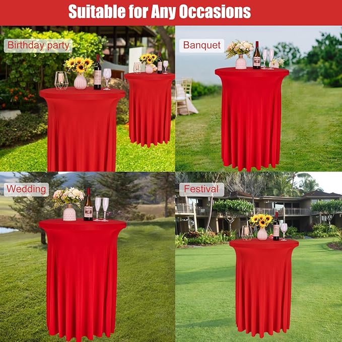 Fivenl 6 Pack Round Cocktail Tablecloth 32"x 43" Spandex Cocktail Table Skirt, Washable Stretch Fitted Table Covers for High Top Bar,Wedding,Party,Events (Red)