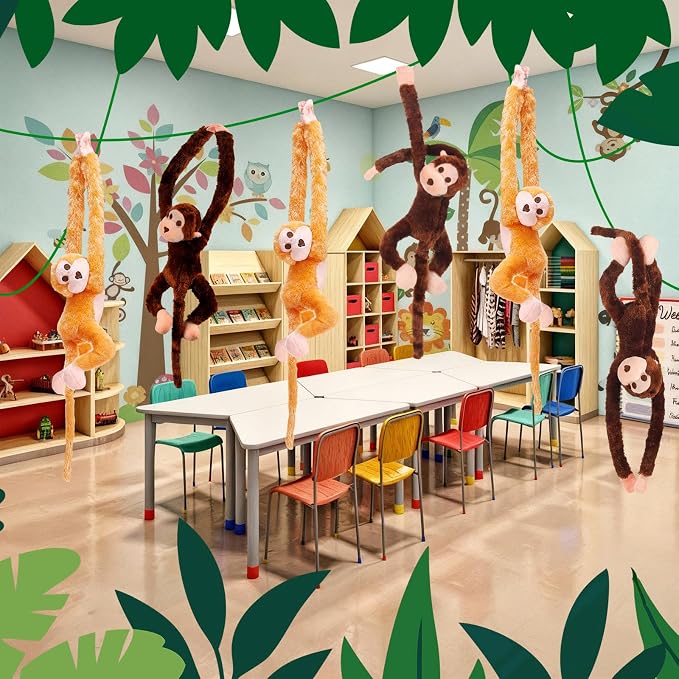 Hungdao 6 Packs Hanging Monkey Stuffed Jungle Animal Toy with Hook and Loop Jungle Party Hanging Plush Monkey for VBS Sunday School Classroom Party Decorations (24 Inch,Multicolor)
