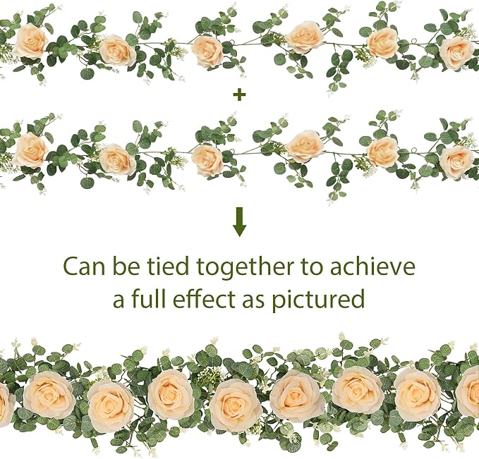 Dolicer 4Pcs 26Ft Artificial Eucalyptus Garlands with Flowers - 8 Roses, Faux Floral Greenery Garlands Fake Flowers Vines for Wedding Table Centerpieces Arch Party Ceremony Backdrop Decor (Champagne)