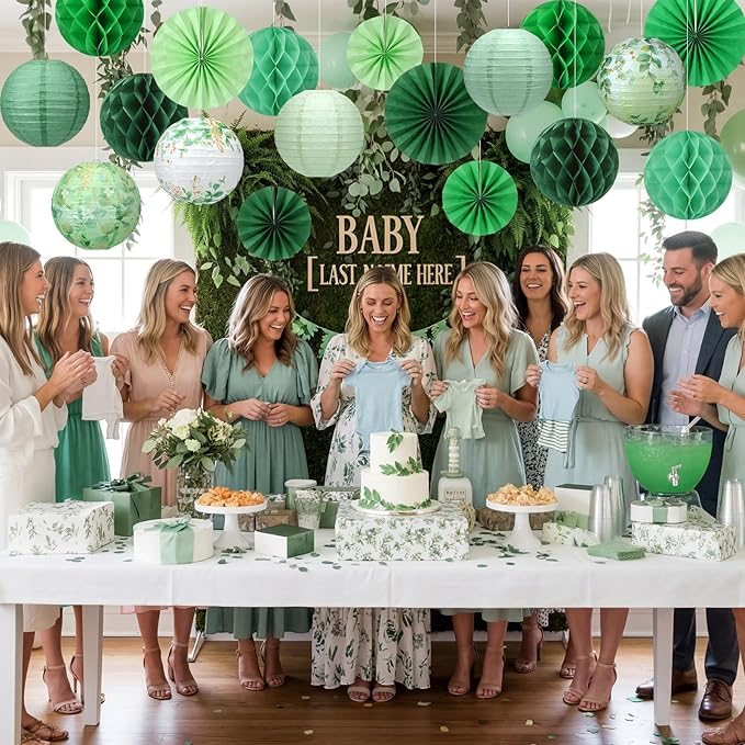 Retisee 18 Pcs Eucalyptus Leaves Sage Greenery Party Decorations Eucalyptus Leaves Hanging Paper Lanterns Sage Green Honeycomb Fans Honeycomb Ball for Neutral Green Theme Party Ceiling Decor Supplies