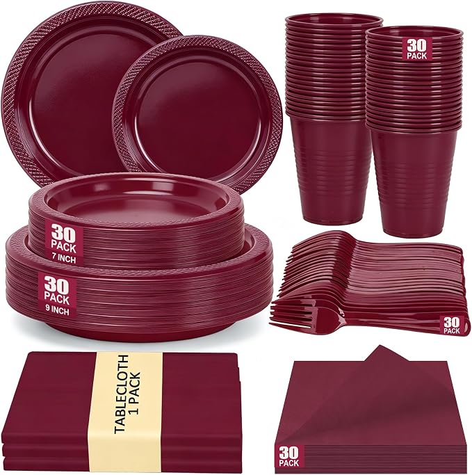 Burgundy Plastic Plates for Party,Disposable Burgundy Party Supplies,30 of Each 9" Dinner,7" Dessert Plate,Napkins,Cups,Forks and 1 Tablecloth Dinnerware for Birthday Wedding Elegant Parties