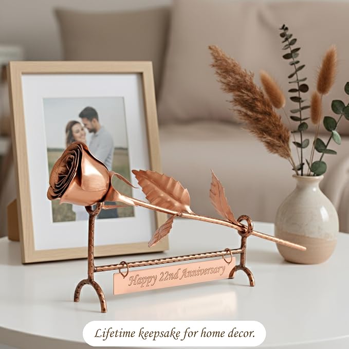 Copper Rose with Stand & Engraved Plate Happy 22nd Anniversary - Solid Copper Flower - 22 Years Wedding Anniversary Decor for Wife, Him or Her