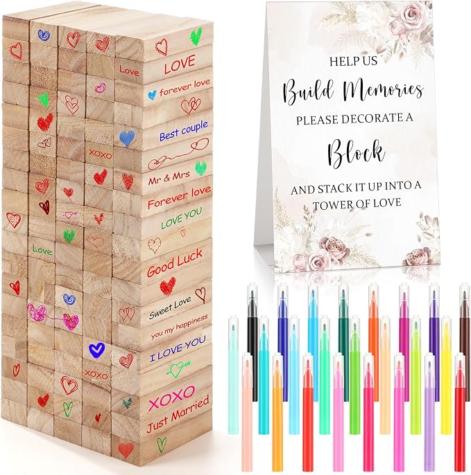 Nuanchu 125 Pcs Wedding Guest Book Alternative 100 Wooden Block Guest Book 24 Signing Pens Wedding Game Sign Wedding Decorations for Reception Bridal Shower Guest Book for Sign in(Boho)