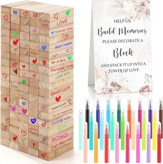 Nuanchu 125 Pcs Wedding Guest Book Alternative 100 Wooden Block Guest Book 24 Signing Pens Wedding Game Sign Wedding Decorations for Reception Bridal Shower Guest Book for Sign in(Boho)
