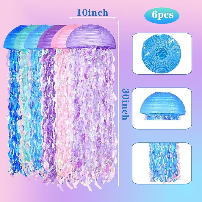 OBXT 10" Mermaid Jellyfish Lanterns – Pink Purple Blue Decorations for Mermaid Birthday Party, Under the Sea Theme, Baby Shower, Ocean & Beach Room Hanging Decor (Set of 6)