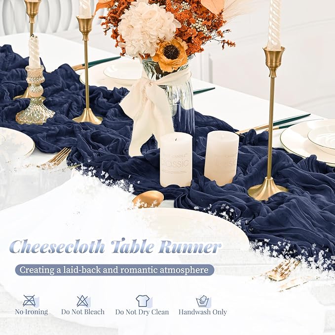 12 Pack Navy Blue Cheesecloth Table Runner, 10FT Cheesecloth Rustic Boho Table Runner Long Romantic Semi Sheer Table Runner for Wedding Birthday Bridal Shower Party Decorations(21.5×120 Inch)