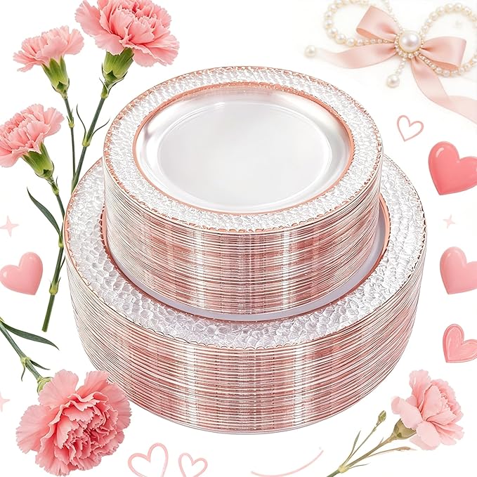 102PCS Rose Gold Plastic Plates - Clear Rose Gold Disposable Plates - Elegant Hammered Plate Include 51PCS 7.5inch Dessert & 51PCS 10.25inch Dinner Plate for Wedding Party Mother’s Day